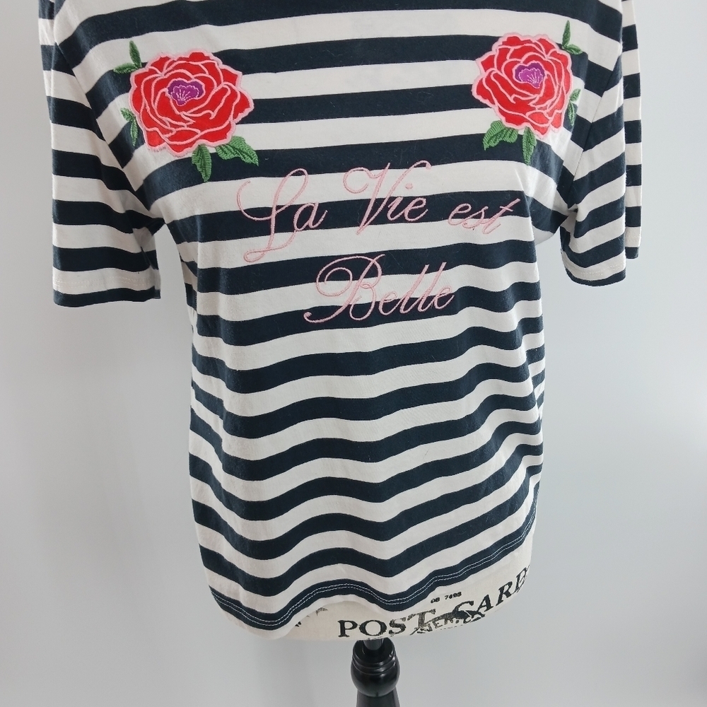 Forever 21 Womens S Navy White Striped Rose Patch Tee La Vie Est Belle - Picture 2 of 5